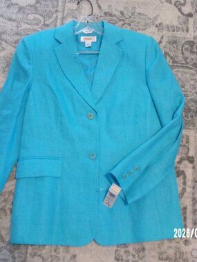 Womens BRIGHT TURQUOISE TALBOTS 100% Irish Linen Blazer Jacket Lined 8P PETITE